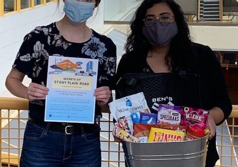 Left to right: Jane Anderson and Megan Lala, Communications Coordinator, featured with prizes. 